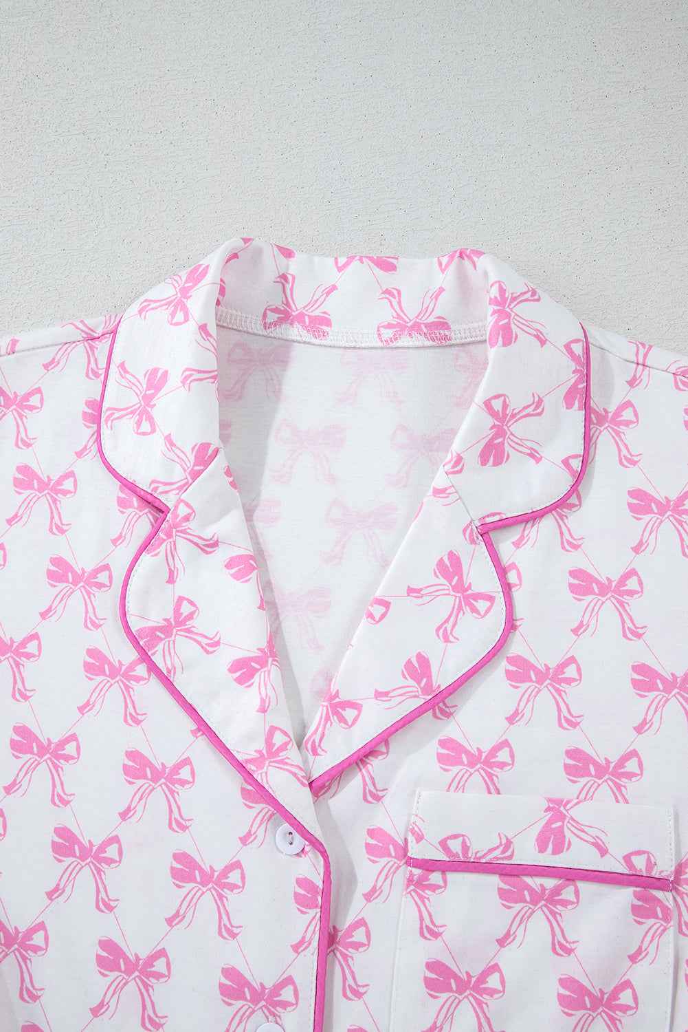 Pink Bowknot Print Shirt and Ruffle Hem Pajamas