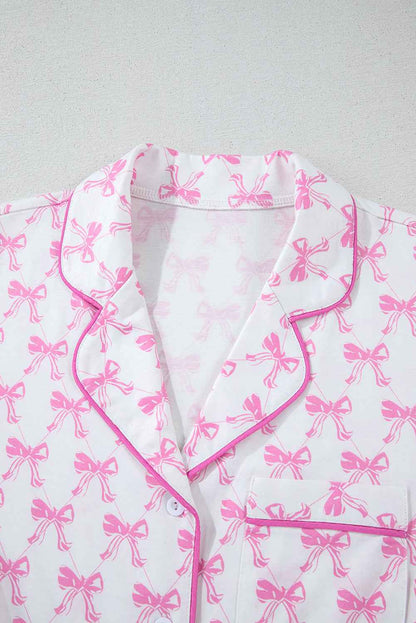 Pink Bowknot Print Shirt and Ruffle Hem Pajamas