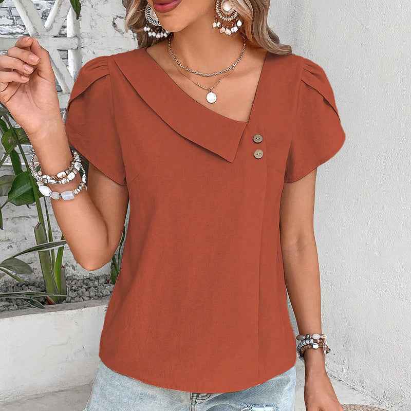 Women's  Casual Petal Sleeve Asymmetrical V Neck Work Shirts Blouse Tops