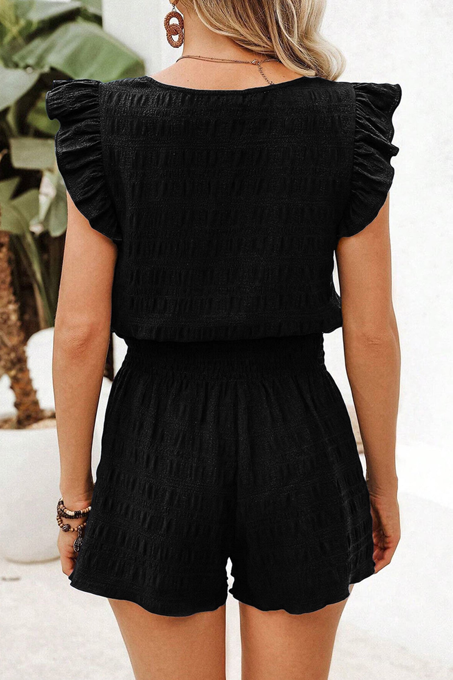 Textured Square Neck Top & Shirred High Waist Shorts Set – Two-Piece
