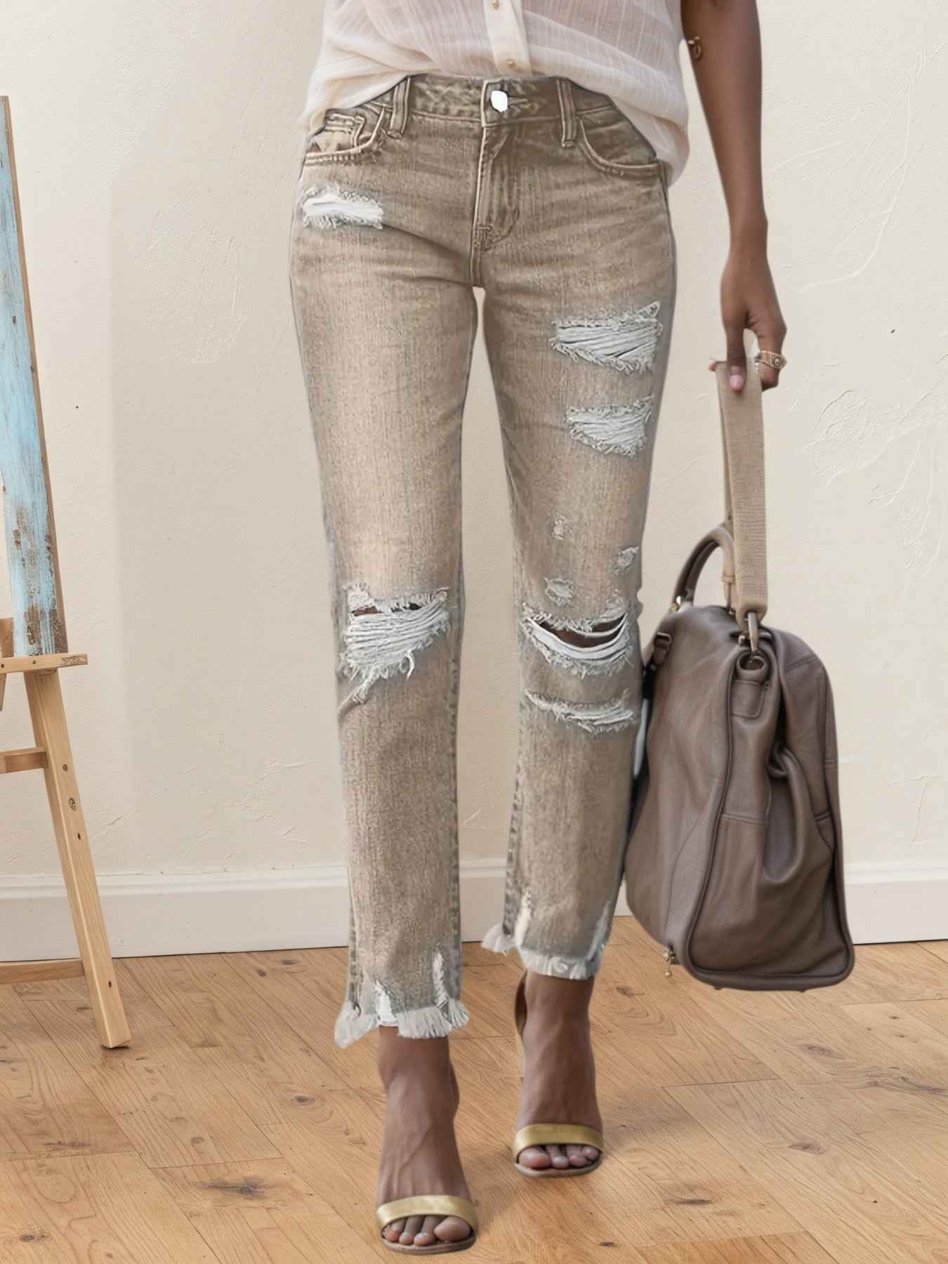 New Women's Fashion Ripped Plus-sized Jeans, Straight And Slim 9-inch Jeans, Retro And Comfortable Jeans, Suitable For All Occasions, Plus-sized Women's Denim Clothing