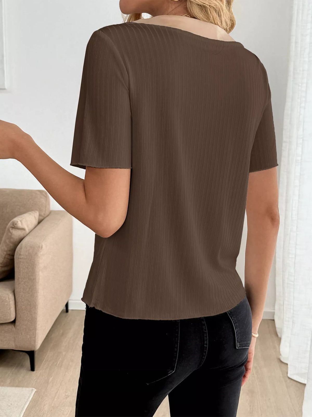 Decorative Button Round Neck Short Sleeve Blouse