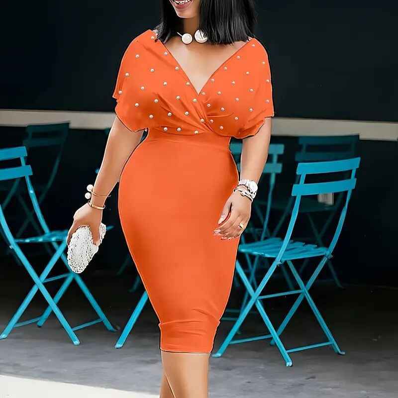 Women's Elegant Deep V Neck Wrap Bodycon Dress Back Zipper Pencil Midi Dress