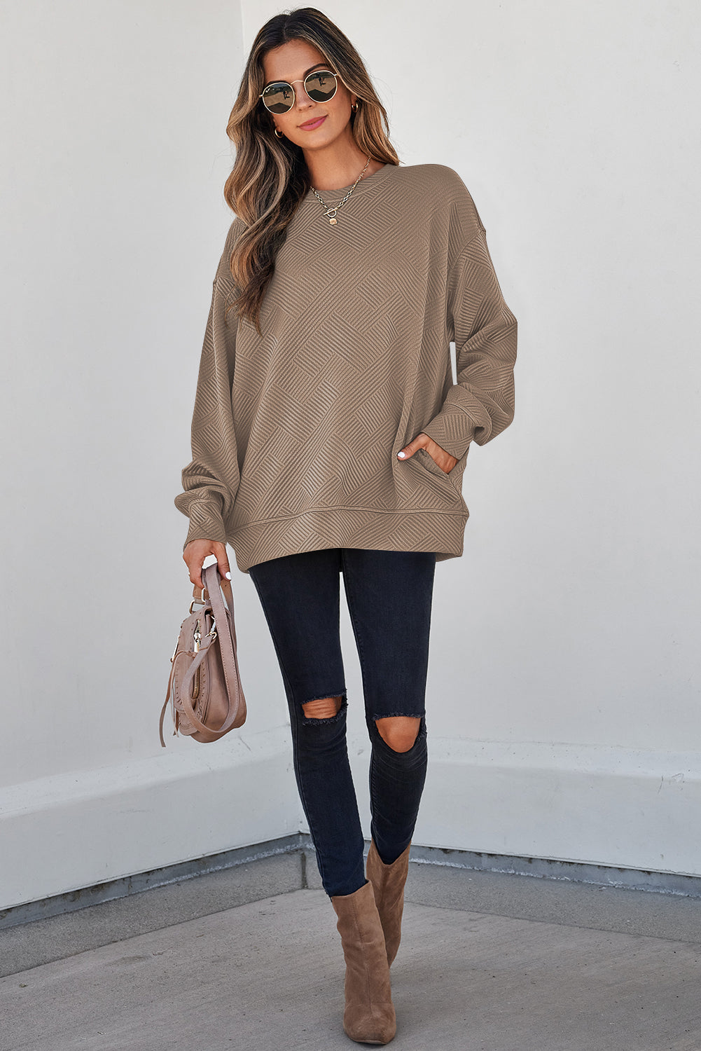 Solid Color Textured Round Neck Drop Shoulder Pullover Sweatshirt
