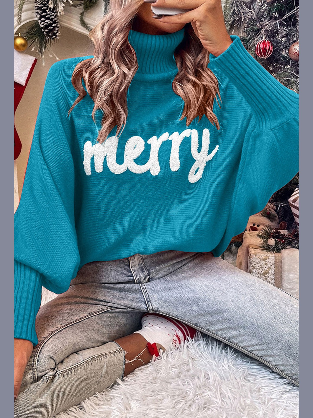 Double Take Full Size Merry Christmas Turtleneck Long Sleeve Sweater