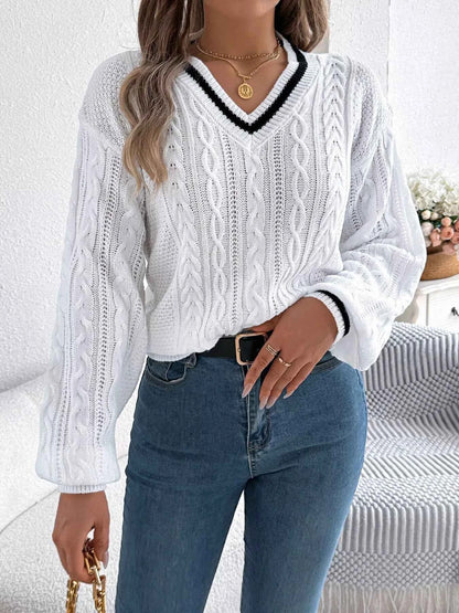 V-Neck Cable Knit Long Sleeve Sweater