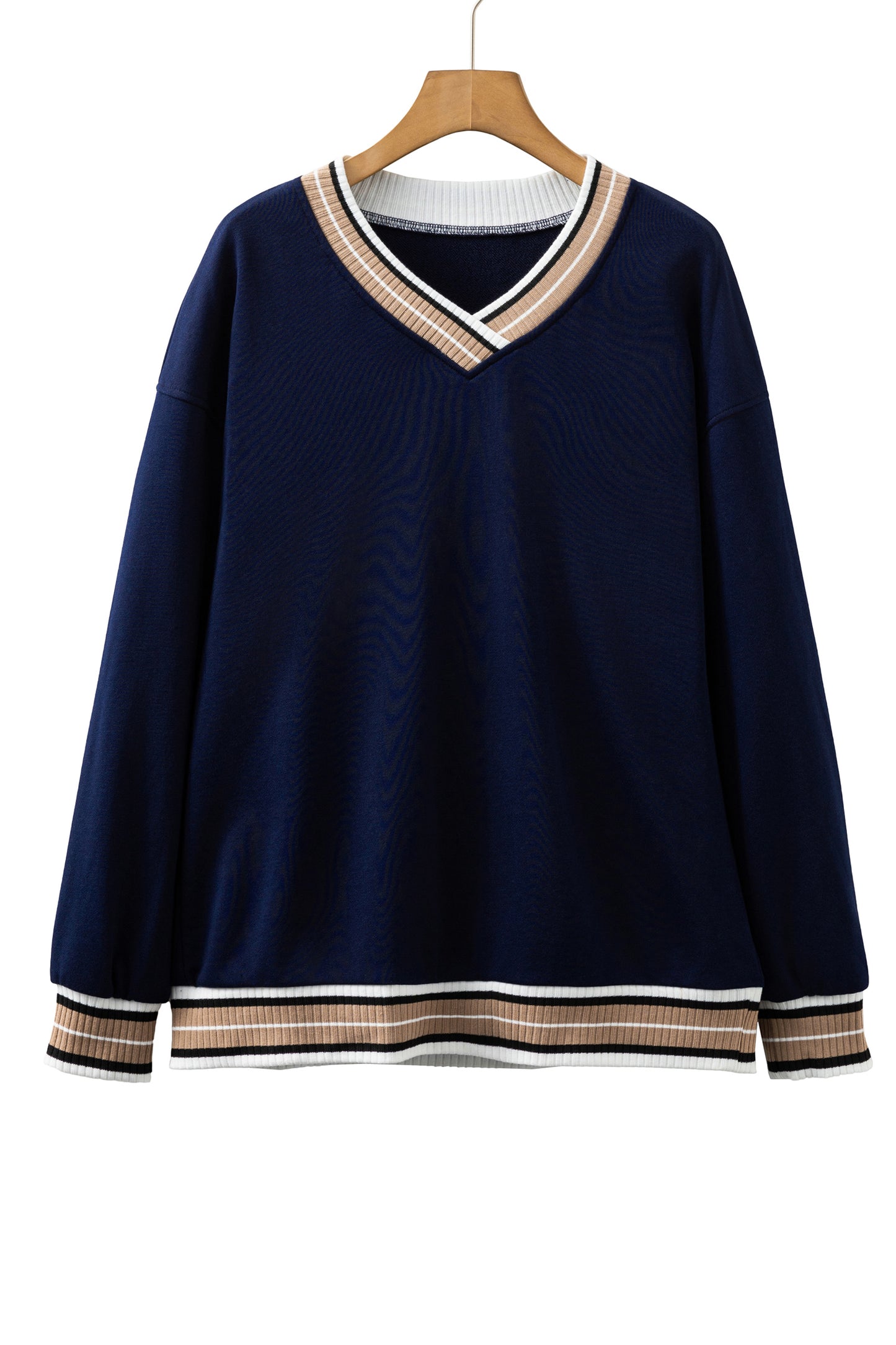 Navy Blue Varsity Contrast Striped Trim V Neck Women's Sweatshirt