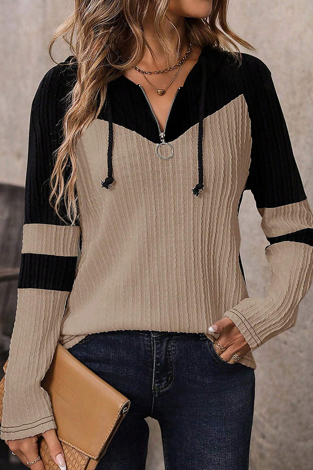 Parchment Textured Colorblock Long Sleeve Quarter Zip Drawstring Hooded Sweatshirt