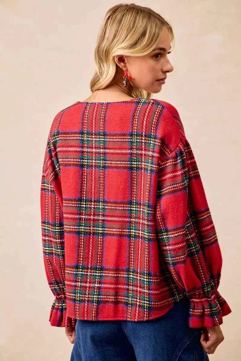BiBi Christmas Plaid V-Neck Flounce Sleeve Jacket