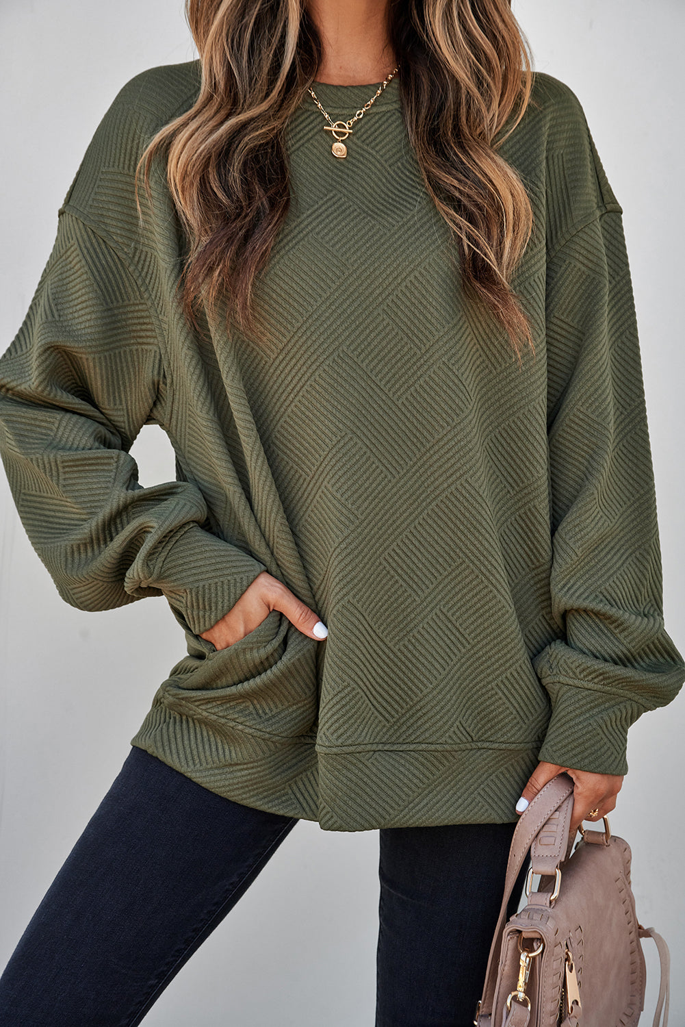 Solid Color Textured Round Neck Drop Shoulder Pullover Sweatshirt