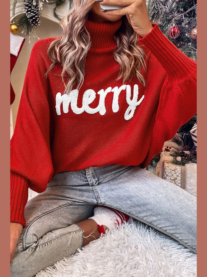 Double Take Full Size Merry Christmas Turtleneck Long Sleeve Sweater