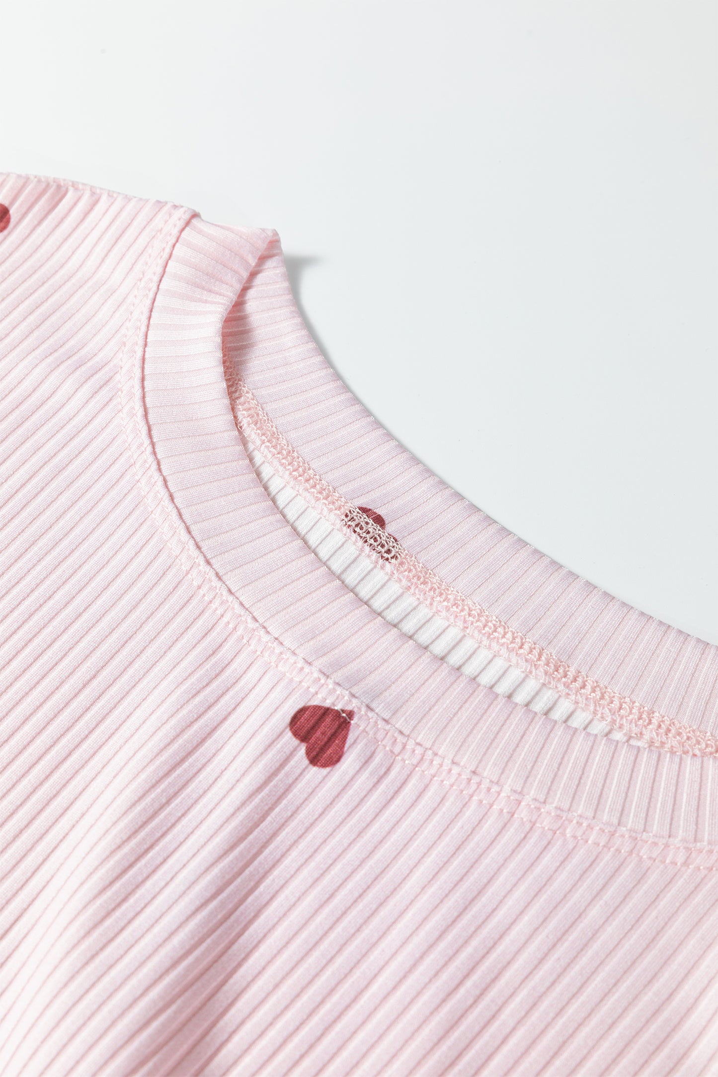 Light Pink Valentine Heart Shape Print Ribbed Knit Short Loungewear