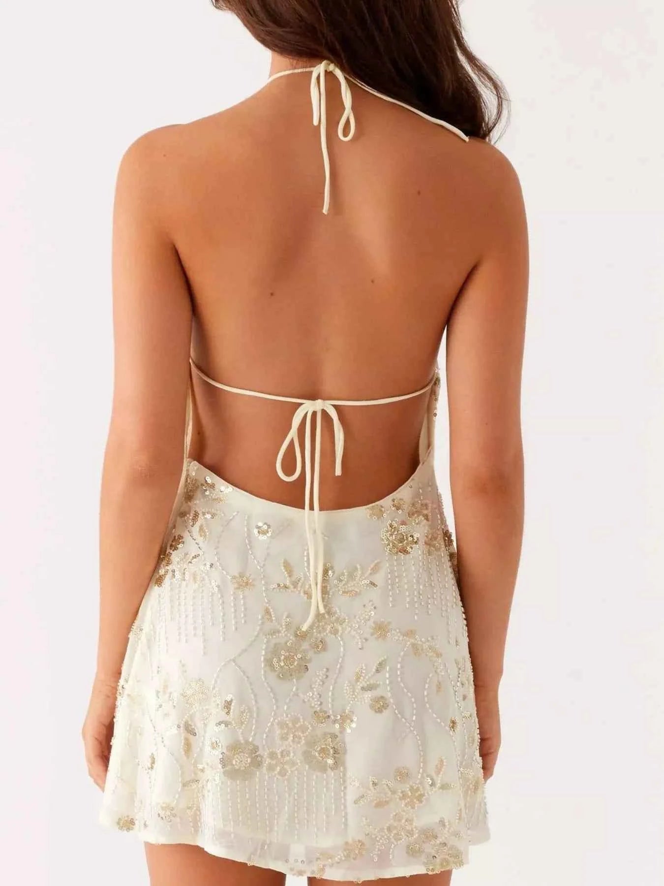 Backless Embroidered Halter Neck Mini Dress