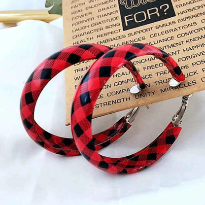 Plaid PU Leather Hoop Holiday Earrings