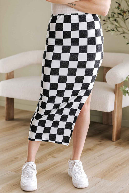 Checker Side Slit High Waist Midi Skirt