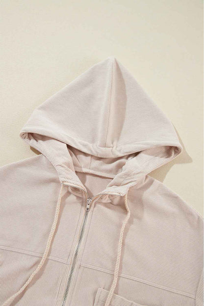 Solid Corduroy Zip-Up Pocketed Hooded Jacket