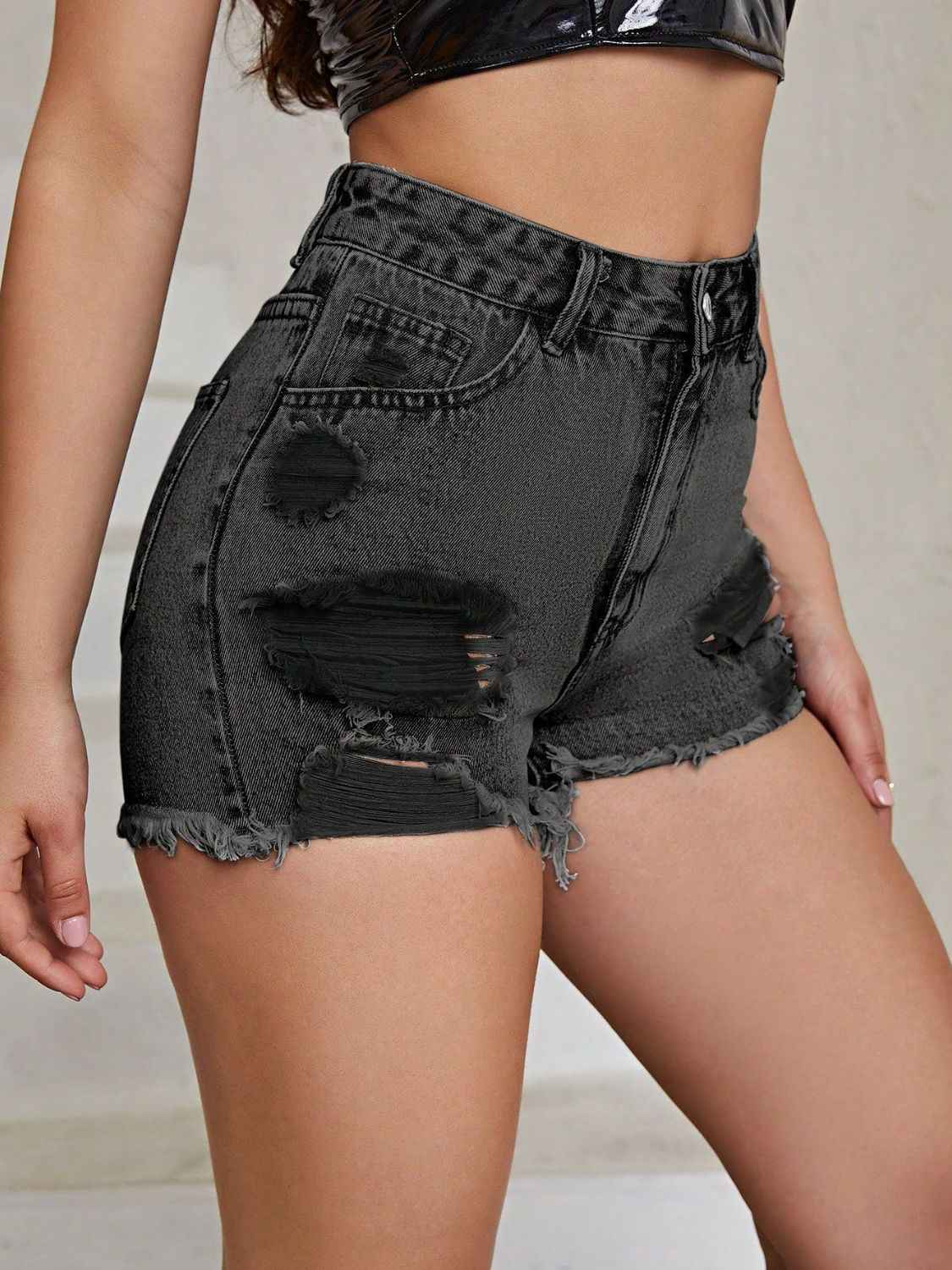 Distressed Raw Hem High Rise Denim Shorts