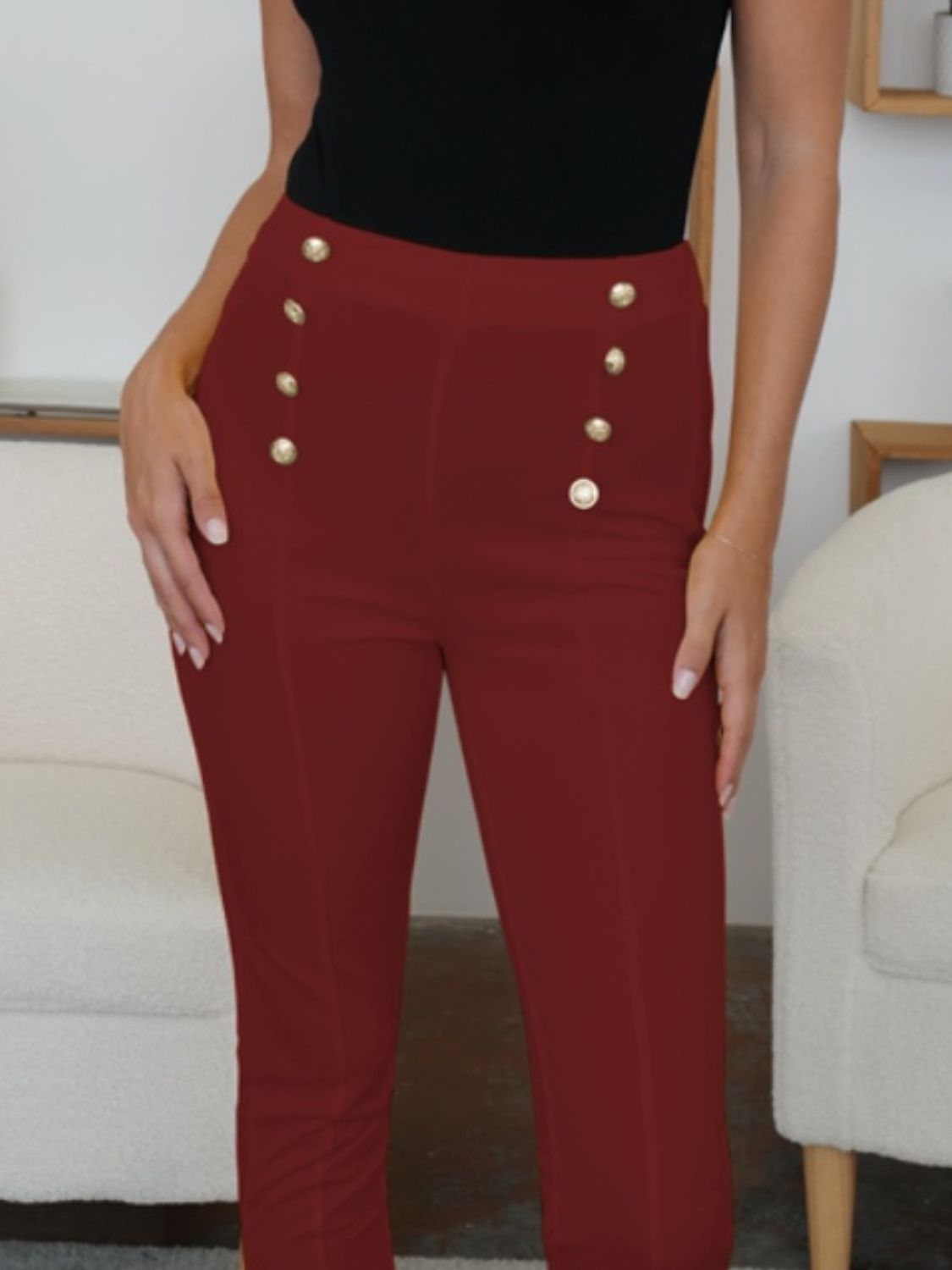 Chic High-Waist Button Detail Skinny Women's Pants