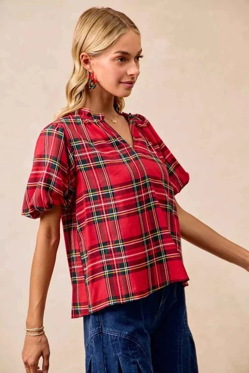 BiBi Christmas Plaid Short Sleeves Ruffled Blouse