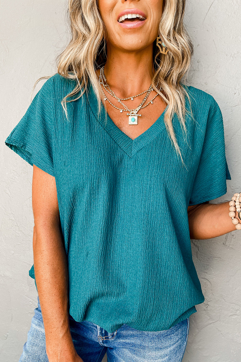 Crinkled V-Neck Wide Sleeve Women's T-Shirt