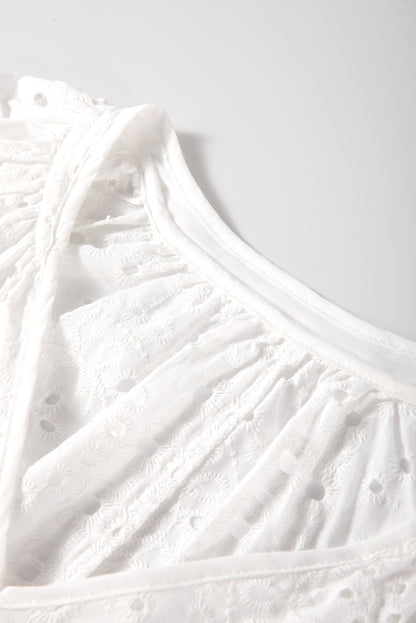 White Eyelet Embroidered Puff Sleeve V Neck Blouse - The Eggy's store