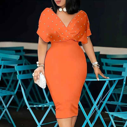 Women's Elegant Deep V Neck Wrap Bodycon Dress Back Zipper Pencil Midi Dress