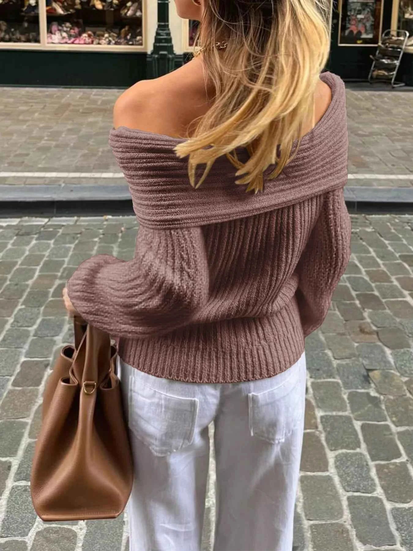 Off-Shoulder Ribbed Knit Sweater