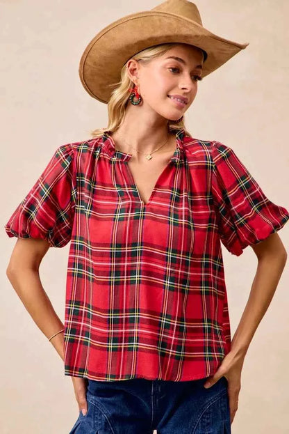 BiBi Christmas Plaid Short Sleeves Ruffled Blouse