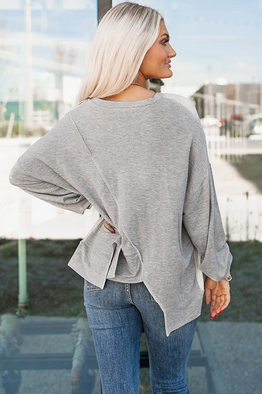 Khaki Colorblock Stitching Irregular Hem Long Sleeve Women's Top