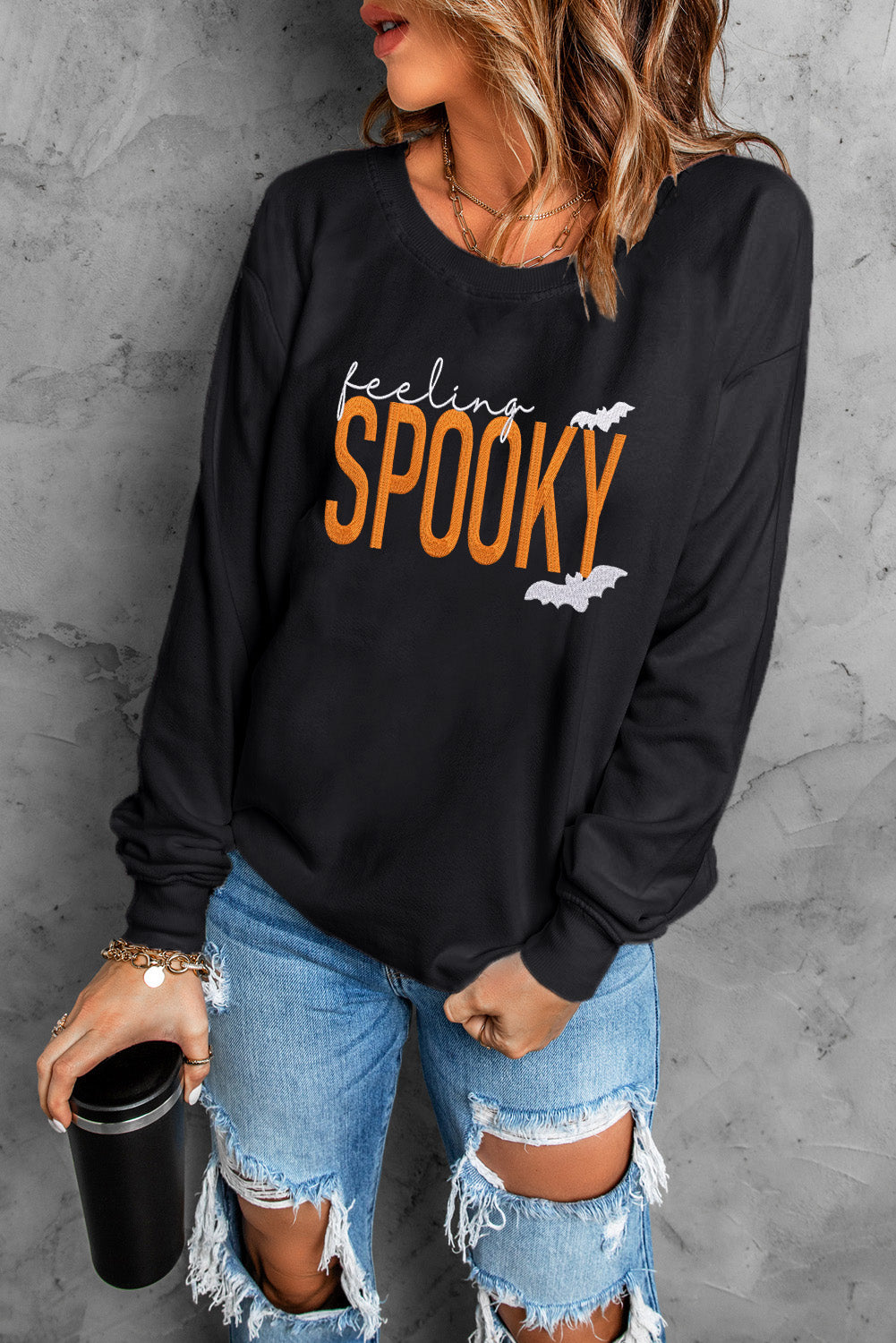 Feeling Spooky Embroidered Drop Shoulder Sweatshirt