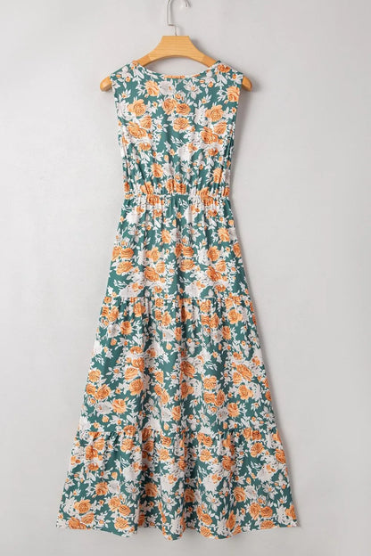 Floral Print Trimmed V Neck Tie Waist Sleeveless Dress - The Eggy's store