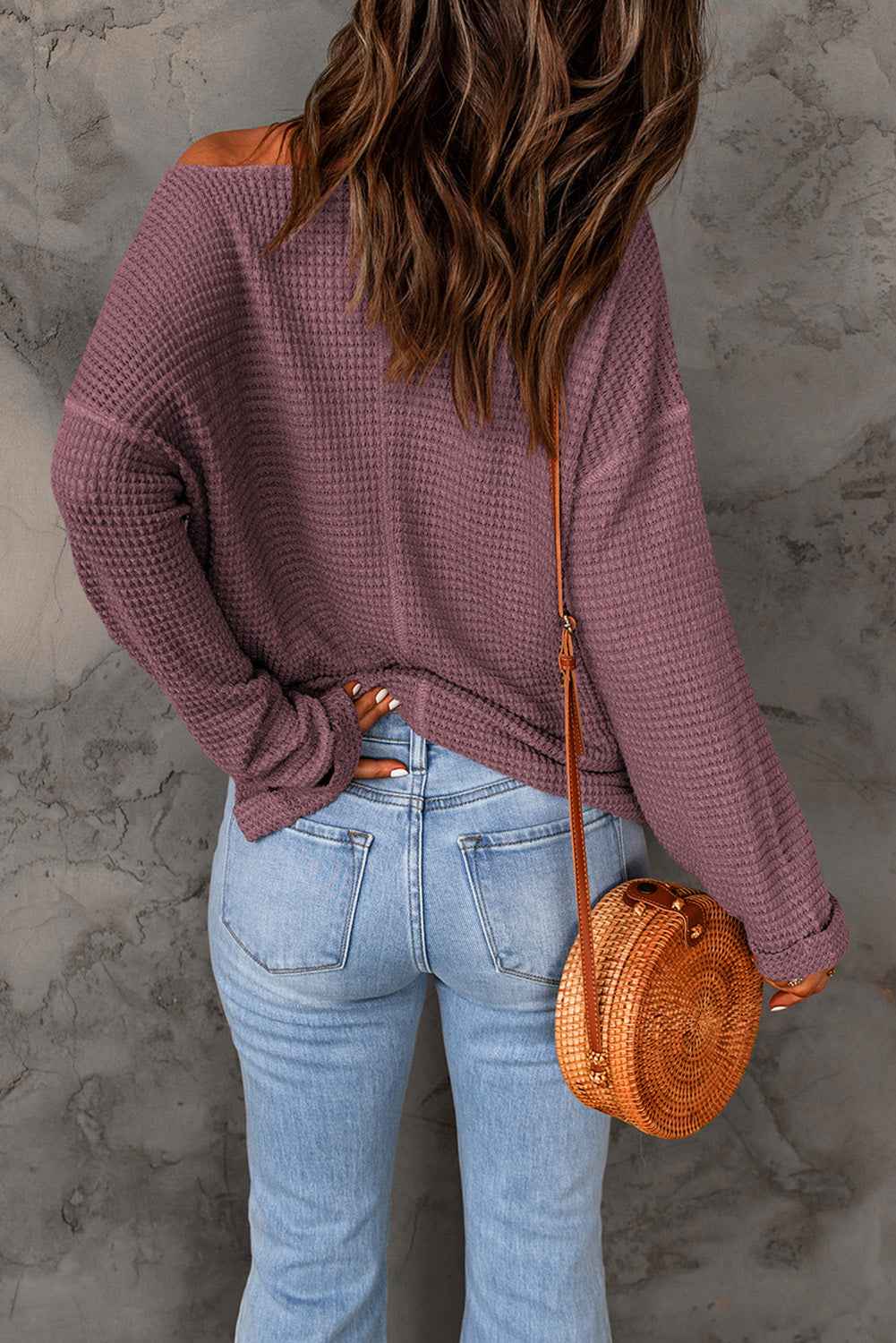 Solid Waffle Knit Long Sleeve Top