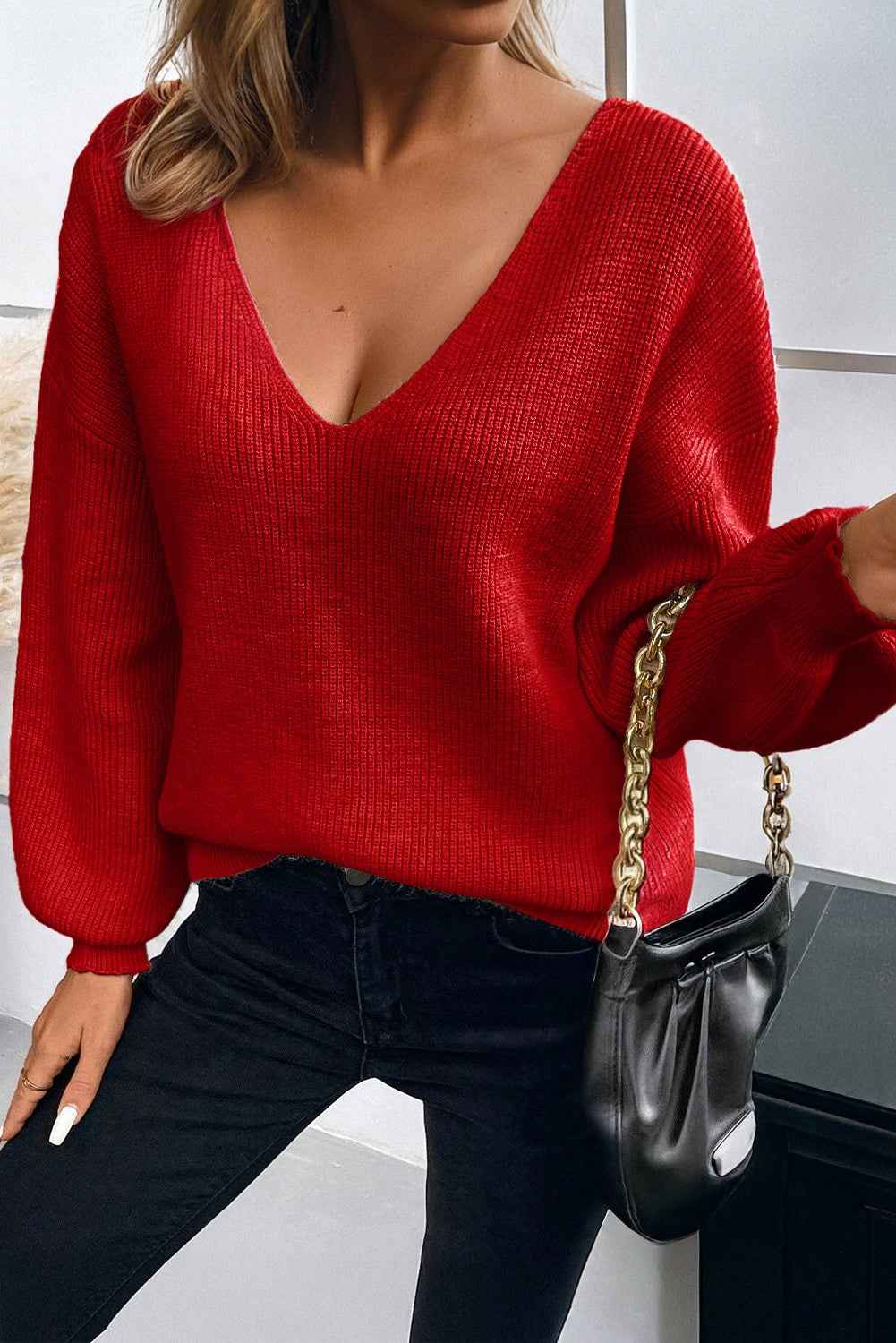 Bow Back  Lantern Sleeve V-Neck Sweater