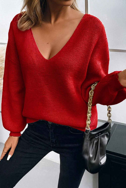 Bow Back  Lantern Sleeve V-Neck Sweater