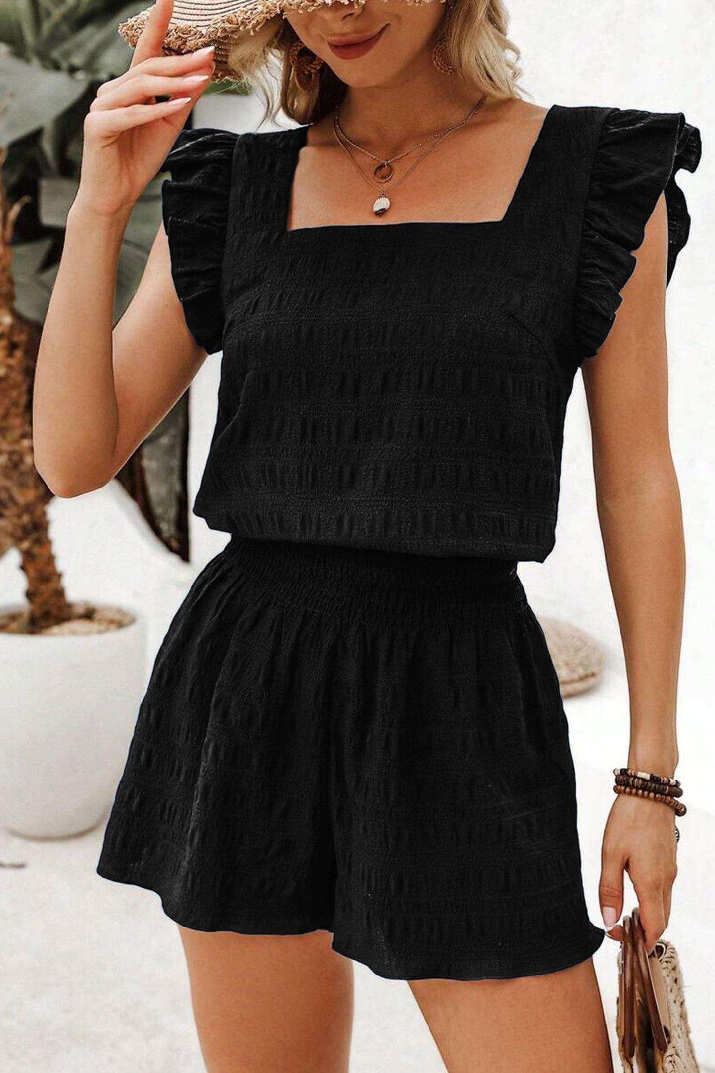 Textured Square Neck Top & Shirred High Waist Shorts Set – Two-Piece