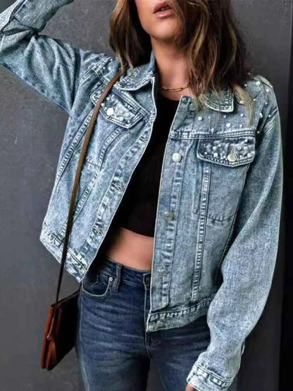 Full Size Pearl Detail Button Up Long Sleeve Denim Jacket Plus Size
