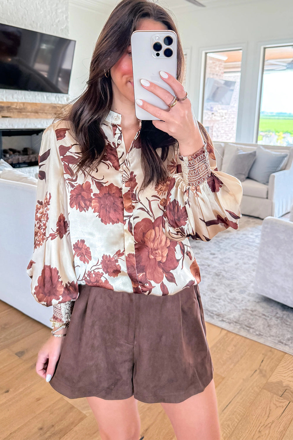Brown Floral Print Button Down Poet Sleeve Women's Blouse