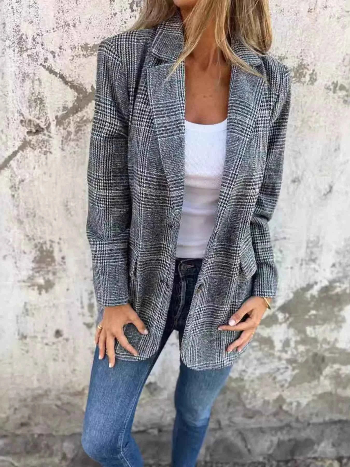 Full Size Plaid Single-Breasted Long Sleeve Blazer Plus Size