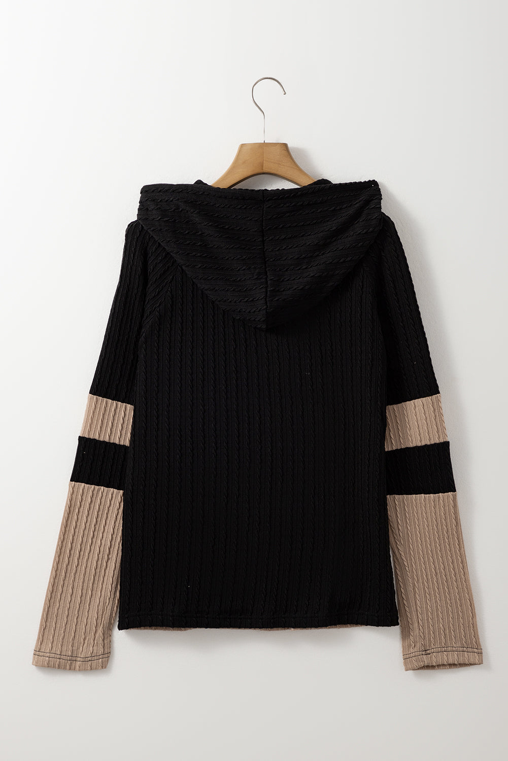 Parchment Textured Colorblock Long Sleeve Quarter Zip Drawstring Hooded Sweatshirt