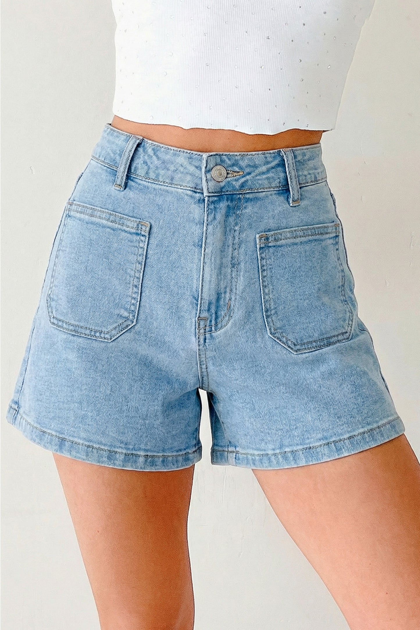 Myosotis High Rise Patch Pocket Denim Shorts – Casual Summer Jean Shorts