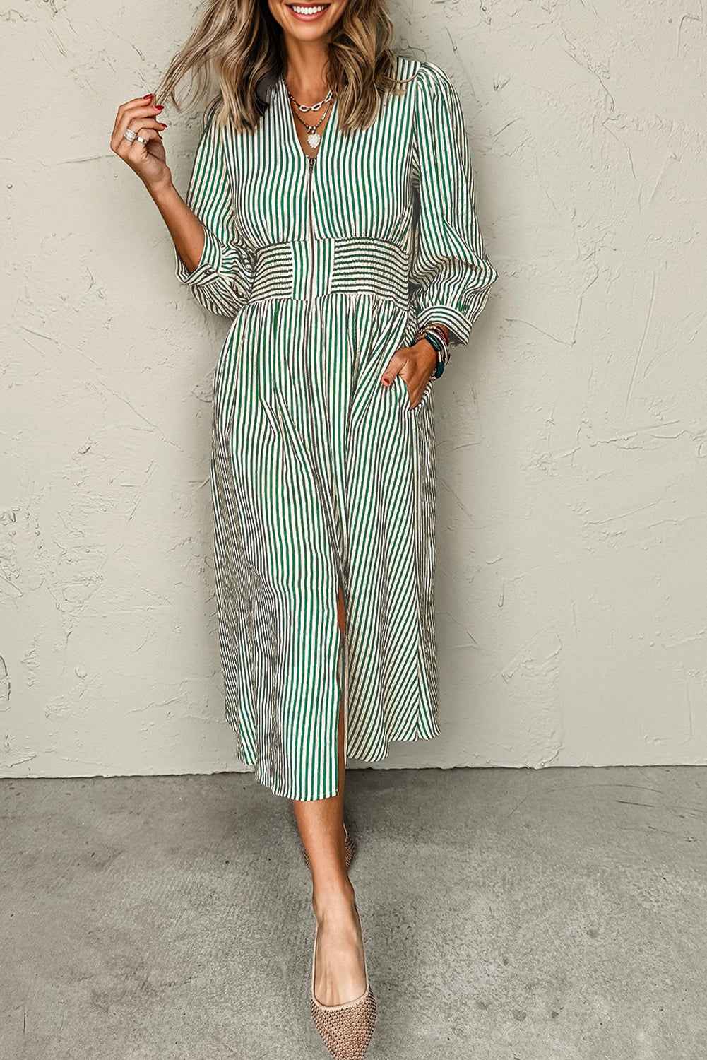 Stripe V-Neck Zip Front Midi Dress