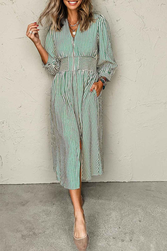 Stripe V-Neck Zip Front Midi Dress