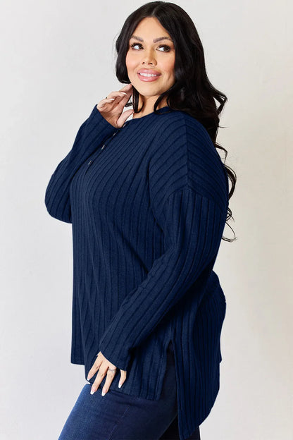 Basic Bae Full Size Ribbed Half Button Long Sleeve High-Low Women's T-Shirt - The Eggy's store