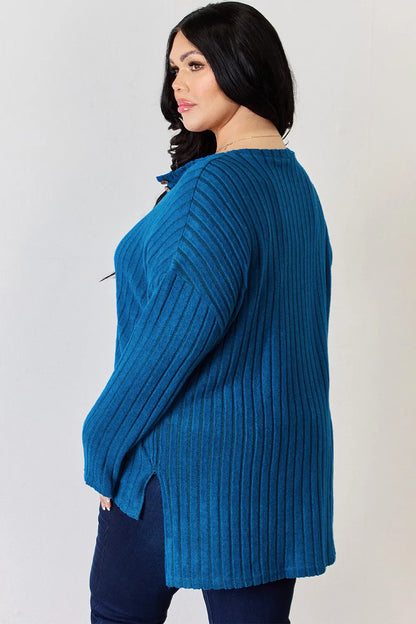 Basic Bae Full Size Ribbed Half Button Long Sleeve High-Low Women's T-Shirt - The Eggy's store