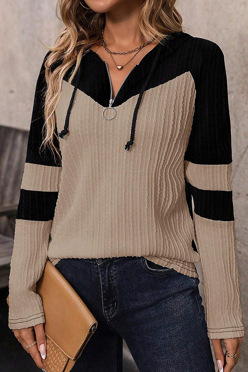 Parchment Textured Colorblock Long Sleeve Quarter Zip Drawstring Hooded Sweatshirt
