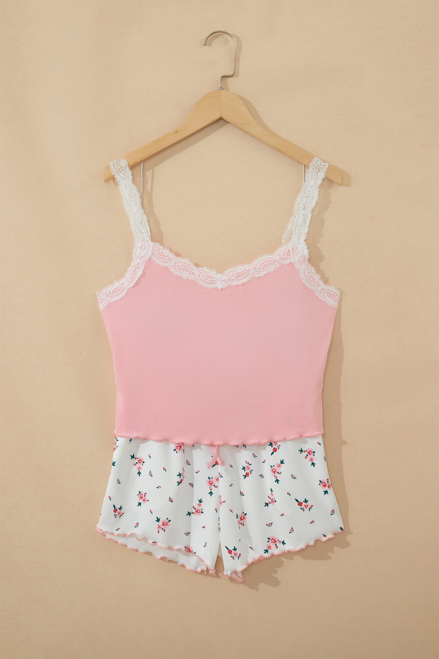 Pink Ribbed Knit Lace Straps Patchwork Lettuce Hem Short Loungewear