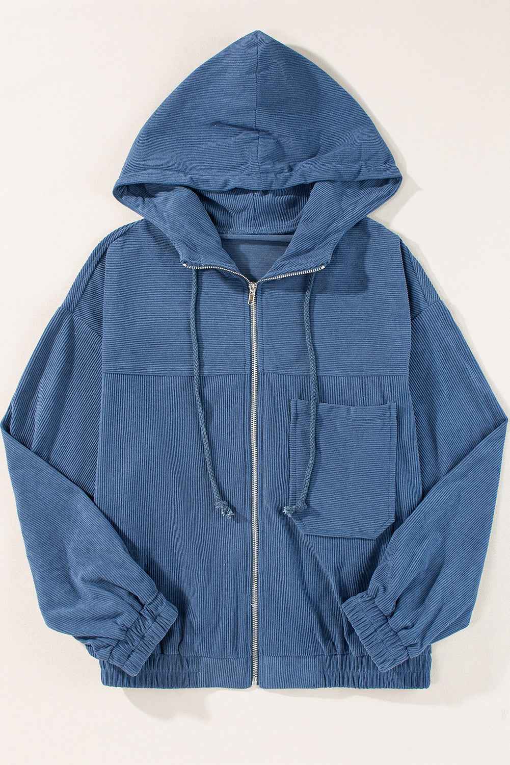 Solid Corduroy Zip-Up Pocketed Hooded Jacket