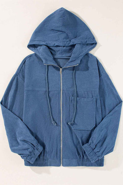 Solid Corduroy Zip-Up Pocketed Hooded Jacket