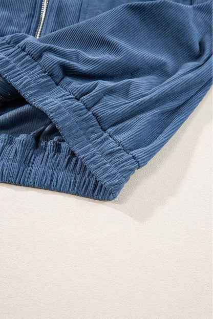 Solid Corduroy Zip-Up Pocketed Hooded Jacket