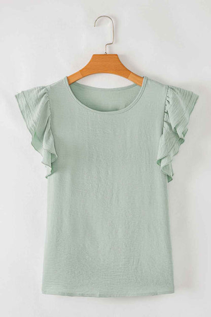 Clearly Aqua Solid Color Ruffle Sleeve Crinkled Blouse